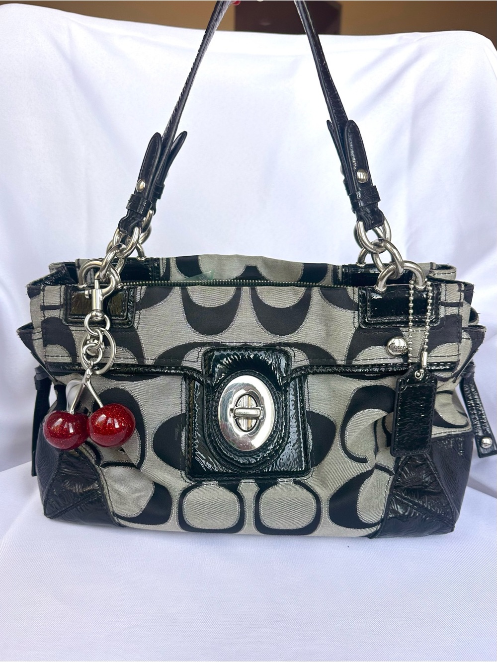 Coach Vintage Peyton Signature Shoulder Bag in Black with Silver Hardware